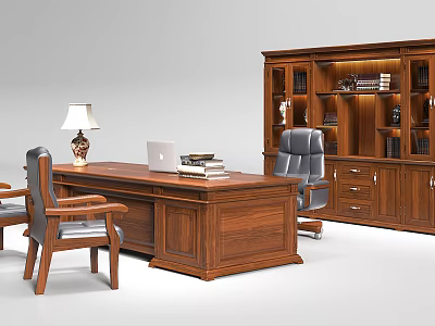 Classic Wooden Office Desk Setup With Leather Chair Bookcase Table Lamp Laptop And Books 3d model