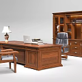 Classic Wooden Office Desk Setup With Leather Chair Bookcase Table Lamp Laptop And Books
