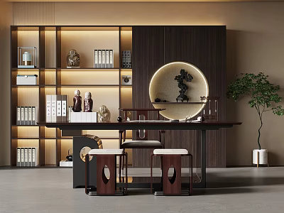Modern Chinese Tea Table and Chairs with Wooden Bookshelves Circular Decor and Green Plant 3d model