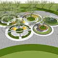 Public Square Landscape with Circular Green Spaces Trees and Paved Layout 3d model