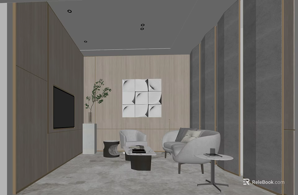 Modern Lounge Interior Design With Comfortable Sofa Coffee Table TV Decorative Painting And Potted Plant 3d model 