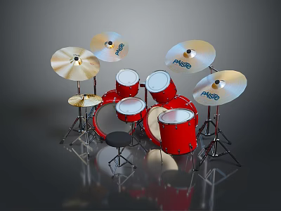Professional Red Pearl Drum Set With Drums Cymbals And Stands 3d model