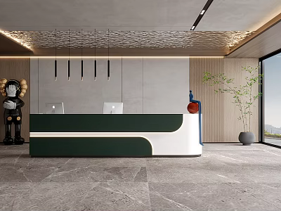 Modern Front Desk Reception Interior With Green White Counter Hanging Lights Potted Plant And Sculpture 3d model