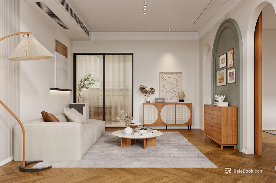 Modern Living Room Interior With Beige Sofa Wooden Coffee Table Area Rug And Decorative Paintings 3d model 