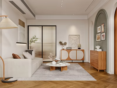 Modern Living Room Interior With Beige Sofa Wooden Coffee Table Area Rug And Decorative Paintings 3d model