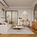 Modern Living Room Interior With Beige Sofa Wooden Coffee Table Area Rug And Decorative Paintings