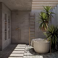 Elegant Designer Bathroom With Bathtub Plants Wooden Beams Gray Walls And Shutter Windows