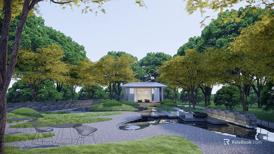Traditional Garden Landscape With Pavilion Green Trees Lawn Stone Path And Water Feature 3d model 
