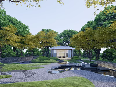 Traditional Garden Landscape With Pavilion Green Trees Lawn Stone Path And Water Feature 3d model