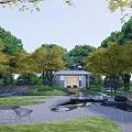 Traditional Garden Landscape With Pavilion Green Trees Lawn Stone Path And Water Feature