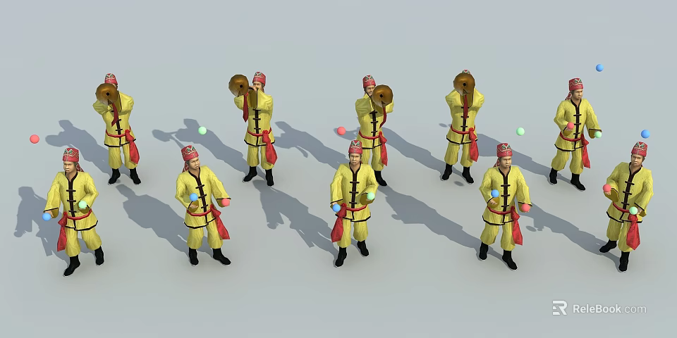People in Yellow Costumes With Red Hats Performing With Gongs And Colorful Balls 3d model 