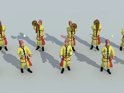 People in Yellow Costumes With Red Hats Performing With Gongs And Colorful Balls 3d model