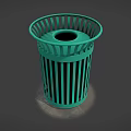 Green Metal Grilled Trash Can With Open Top And Vertical Slats Structure