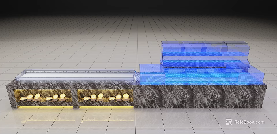 Structural Model Display With Blue Transparent Elements Rock Texture Base And Gray Tiled Floor 3d model