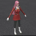 Woman with long pink hair wearing red coat black pants white boots on gray ground