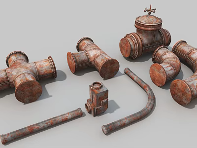 Industrial Equipment Featuring Rusty Metal Pipe Fittings Elbows Valves And Connectors 3d model