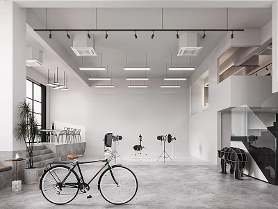 Modern Industrial Open Studio Space With Bicycle Photography Equipment Stairs And Pendant Lights 3d model