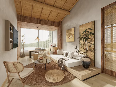 Natural Rustic Living Room Interior With Wooden Ceiling Sofa Woven Chair And Decorative Paintings 3d model