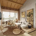 Natural Rustic Living Room Interior With Wooden Ceiling Sofa Woven Chair And Decorative Paintings