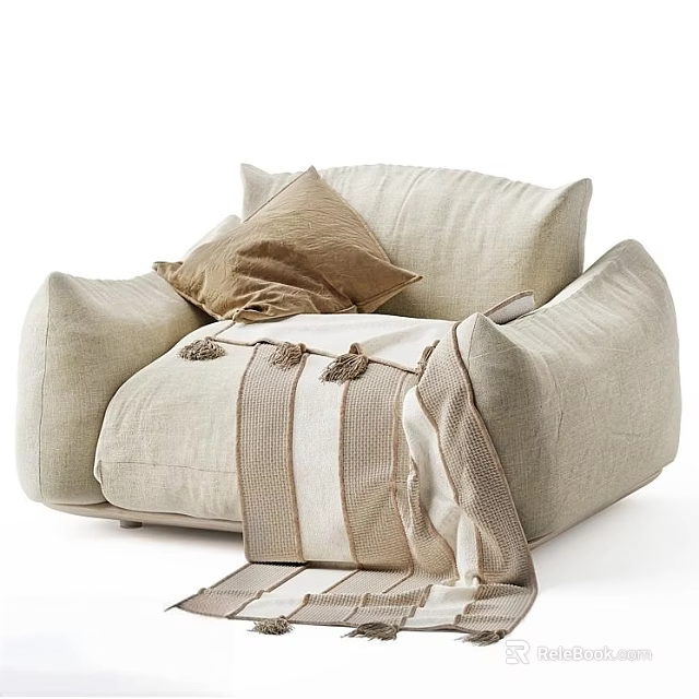 Beige Linen Single Sofa with Brown Pillow and Tasseled Blanket for Comfortable Modern Living Room 3d model 