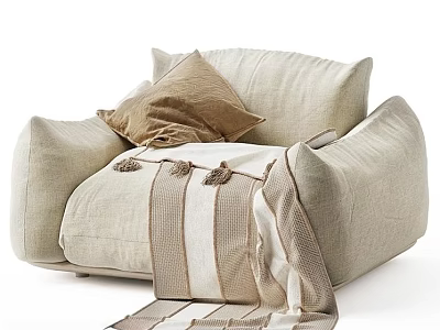 Beige Linen Single Sofa with Brown Pillow and Tasseled Blanket for Comfortable Modern Living Room 3d model