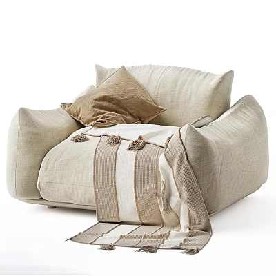 Beige Linen Single Sofa with Brown Pillow and Tasseled Blanket for Comfortable Modern Living Room 3d model