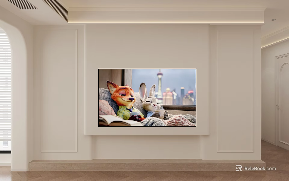 Modern White TV Background Wall With Simple Design And Cartoon Characters On Screen 3d model 