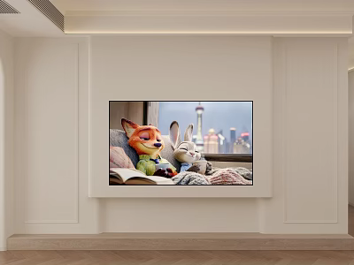 Modern White TV Background Wall With Simple Design And Cartoon Characters On Screen 3d model