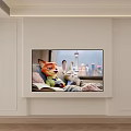 Modern White TV Background Wall With Simple Design And Cartoon Characters On Screen