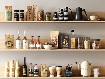 Organic Food Jars Bottles And Coffee Supplies Displayed On Kitchen Shelves 3d model