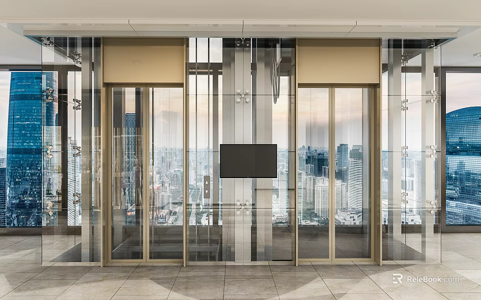 Modern Glass Elevator With Skyscraper City View And Metal Frame Design 3d model 