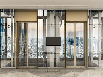 Modern Glass Elevator With Skyscraper City View And Metal Frame Design 3d model
