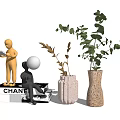 Modern Minimalist Decorative Ornament Set with Golden Human Figurines Vases Green Plants and Books