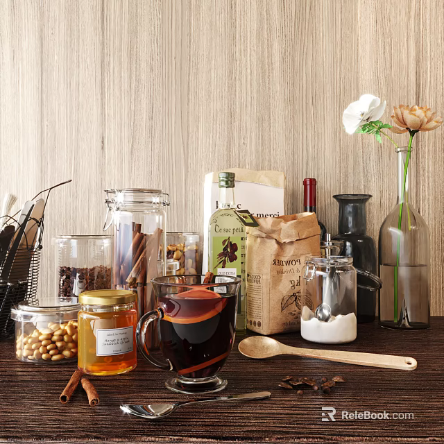 Spice Containers With Glass Jars Honey Spices Coffee Beans And Wooden Spoon On Wooden Background 3d model 