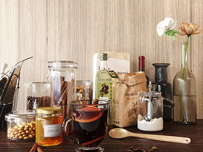 Spice Containers With Glass Jars Honey Spices Coffee Beans And Wooden Spoon On Wooden Background 3d model
