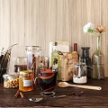 Spice Containers With Glass Jars Honey Spices Coffee Beans And Wooden Spoon On Wooden Background