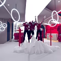 Modern Clothing Store Interior With Red Clothes Racks Mannequins And Circular Ceiling Lights
