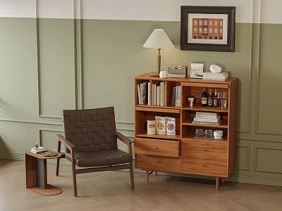 Wooden Sideboard With Books Decorations And Table Lamp In Living Room Interior 3d model