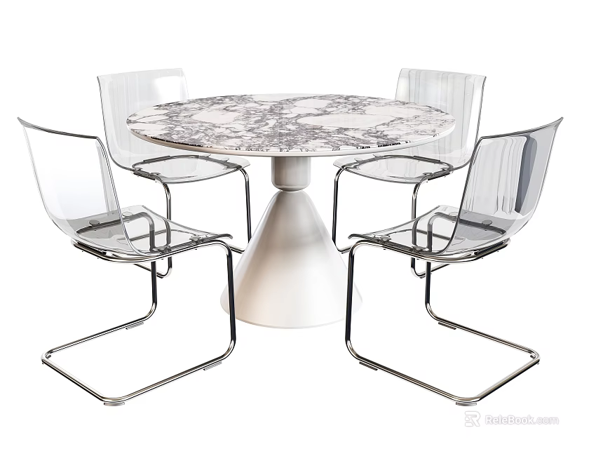 Modern Dining Table Set With Round Marble Tabletop White Base Transparent Chairs And Metal Frames 3d model