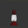 Red Kerosene Lamp With Metal Frame Glass Shade And Handle On Gray Background