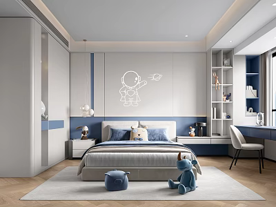 Modern Kids Room Interior With Astronaut Wall Art Blue Pillows Stuffed Toy And Bookshelves 3d model