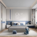 Modern Kids Room Interior With Astronaut Wall Art Blue Pillows Stuffed Toy And Bookshelves