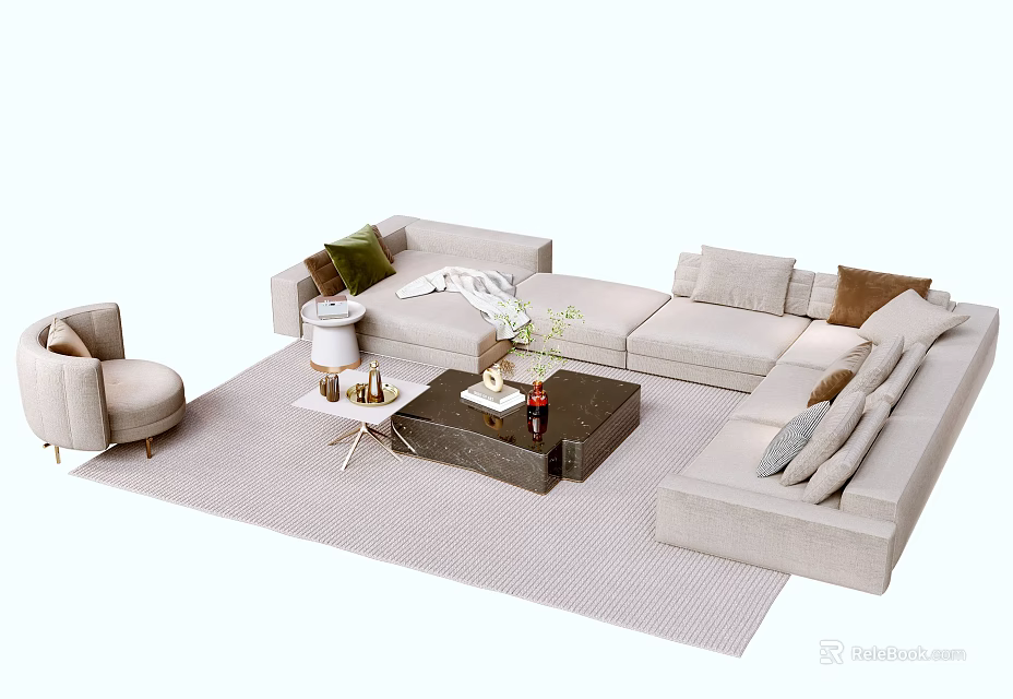 Elegant Light Colored Sectional Sofa Coffee Table Set With Area Rug And Decor Items 3d model