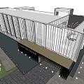 Modern Sales Office Building With Glass Facade And Portico Entrance Surrounded By Tall Buildings