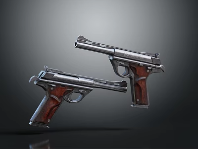 Two Silver Pistols With Wooden Grips And Metallic Body Structure Design 3d model