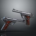 Two Silver Pistols With Wooden Grips And Metallic Body Structure Design