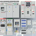 Various Electrical Control Panels And Distribution Cabinets With Switches And Indicators