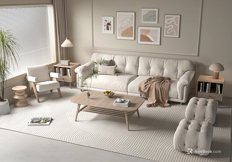 Stylish Sofa and Coffee Table Set with Beige Upholstery Wooden Top Armchair and Floor Lamp 3d model 