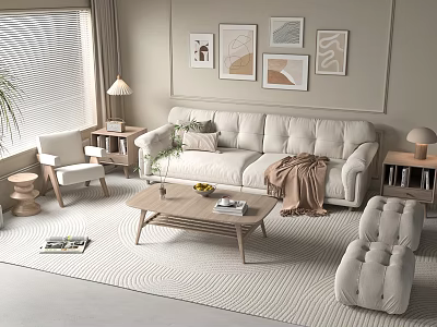 Stylish Sofa and Coffee Table Set with Beige Upholstery Wooden Top Armchair and Floor Lamp 3d model