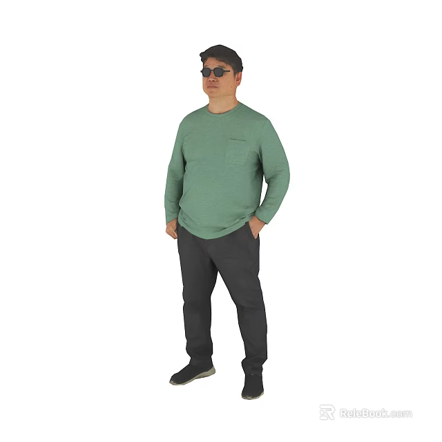 Man Wearing Green Long Sleeve Top Dark Gray Pants Black Shoes And Sunglasses 3d model 